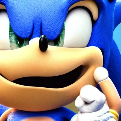 Prompt: sonic head with black eyes big smile no teeth and bleeding from the eyes