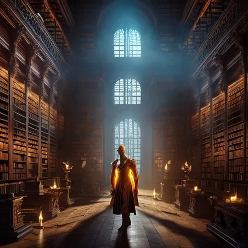 Prompt: A glowing radiant man in an old library, fantasy (Masterpiece, top quality, best quality, official art, beautiful and aesthetic:1.2), cinematic shot, centered, Instagram able, ultra detailed, intricate, (epic composition, epic proportion), volumetric lighting, warm color, award winning, photography