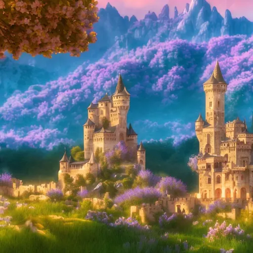 Prompt: Castle, Mountains, Palace, Apricot, Lavender Flowers, Nature, 4k, HD, High Quality, Perfect Render, Effects, Glowing, Breathtaking.