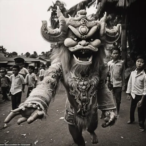 Prompt: Hairy Barong from Indonesian mythology
Capturing children before dusk
Real photos
Circa 1967