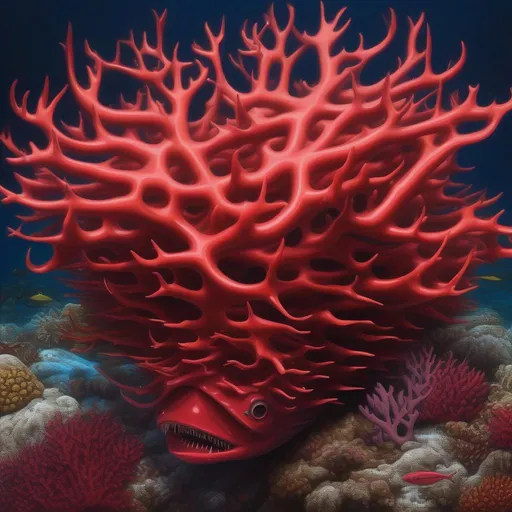 Prompt: Antler Coral, Crimson, Ahi Tuna swimming, best quality, masterpiece, in surrealism art style