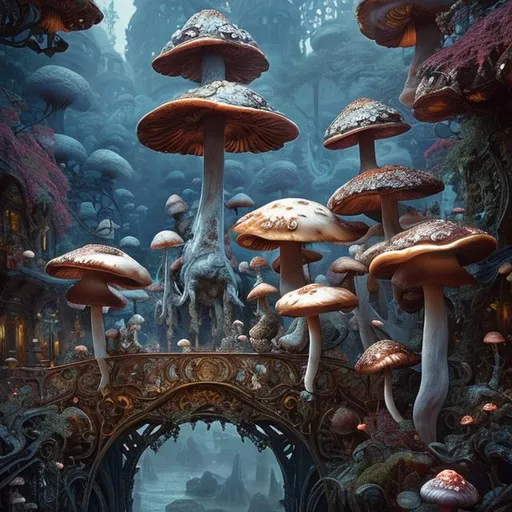 Prompt:  by michal karcz, daniel merriam, victo ngai and guillermo del toro, ornate, intricate, mushrooms, flowers, waterfall, river, bridge, elegant, highly detailed, centered, artstation, smooth, sharp focus, octane render