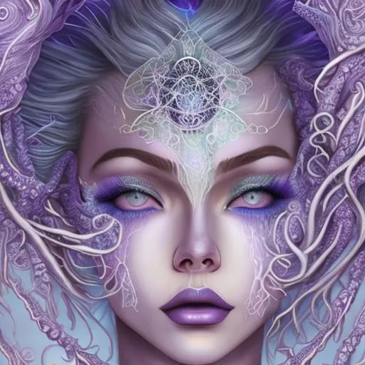 Prompt: Ursula the sea witch, light purple hair, illustrated portrait, purple skin, blac tentacles, natural blue eyes, looking into the camera, symmetrical beautiful pretty anatomically correct face, anatomically correct body, dreamy, ultra realistic, high octane, extreme detail,