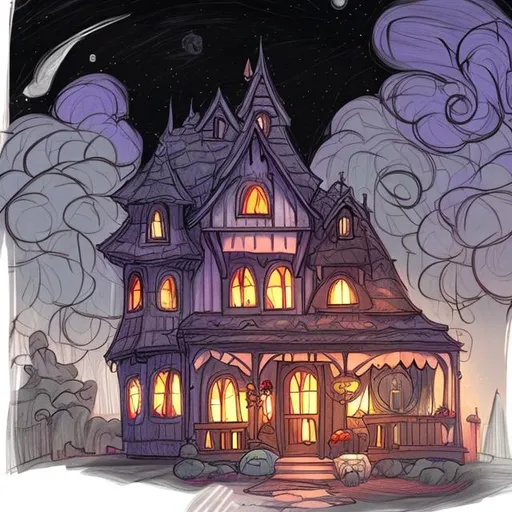Prompt: witch cozy house night colored
 sketch 
