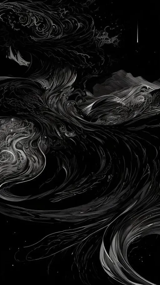 Prompt: mages of the universe's winds are shown, in the style of bold, graphic lines, dark black and silver, realistic hyper-detailed rendering, furaffinity, flowing lines, digital illustration, nightscapes