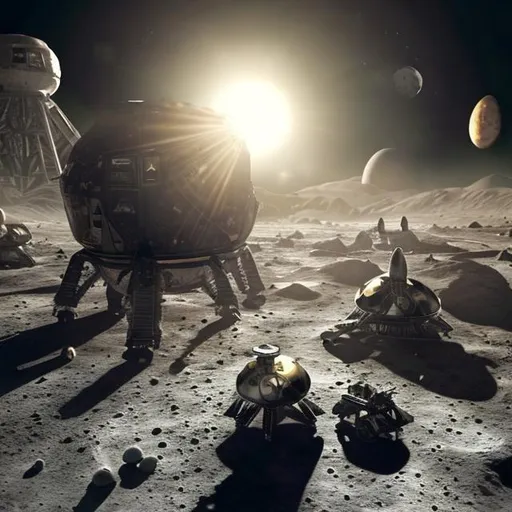 Prompt: An image of a lunar base. Rockets coming from the earth and a ufo nearby. The sun is also shining in the back

Hyper detailed, ultra contrast, dynamic light