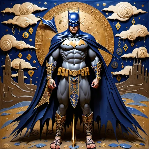 Prompt: Batman. elaborate surealism bronze klimt painting, embroided dark blue fringed spiritual jewelry fringes white with jewish symbols on brown skinned jewish in bandanas, embracing, magic fringes jewish symbols scrolls, knives and spears floating in the lightning sunset sky, rainy day, leather sandals, swords and bow and arrow with eyes, golden foot link, geologic wild growing crystals, eyes torah ark covering, fringed striped skirt, smoke and steam coming from sculpture, alchemist, floating crown, painting, sky is sunset, elaborate, davids slung, lapiz lazuli pillars, amethyst, eyes, jewish, two women floating in space, crystals growing, detailed, standing on in jerusalem hill, incense embroided, black jewish clothing stripes and fringes, blue and white linen with fringes, prayer shawl, the 3 olive skin have blue bandanas, jewish stripes prayer shawl and fringes, in Jerusalem and dead sea, jupiter, detailed holy valves, hebrew crystals, torah scroll, fountain jewish symbols, curly hair olive skin, ancient civilization, jewelry, shabbat dinner table, levitating, menorah, glitter on table, shining art, jewish art, fringes, flowers, cultic, rituals, dead sea view, visual illusions, spring pool, meteor, menorah, torah scroll, illusion, jewish stars, smoke, hypnotic, gemstones, star trek spock greeting, women dancing, sculpture, biblical, clouds, crystals, warrior, praying jews, ancient mound, mystery, next to the dead sea, landscape view, in the style of a surrealist painting, in the style of klimt painting