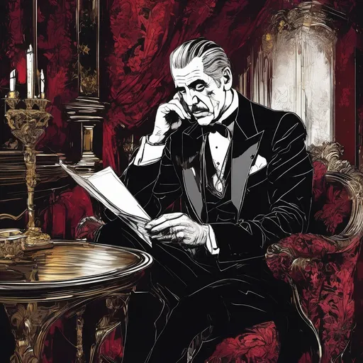 Prompt: (Boris Karloff talking to Vincent Price), Black and White pen and ink sketch style, dark color scheme, elegantly gothic attire, intricate details, dim lighting, dramatic shadows, opulent background, luxurious textures, ornate furniture, deep reds and blacks, baroque patterns, solemn atmosphere, rich color tones, dark romanticism, ultra-detailed, 4K, photorealistic masterpiece, timeless elegance.