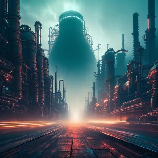 Prompt: Fantasy art style, painting, metal, chrome, Evil, green neon lights, power plant, nuclear power, biological mechanical, dystopian, war machine, pipes, cityscape, brutalist, fog, smog