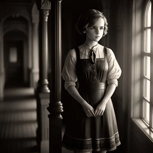 Prompt: old time photo of young emma Watson, dressed with 1920s very short hair, wearing dress, standing on old Titanic, raw photo, photorealistic, High Detail, dramatic, UHD, HDR raw photo, realistic, sharp focus, 8K high definition, insanely detailed, intricate, high quality, 