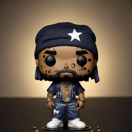 Prompt: Funko pop 2pac shackur figurine, made of
plastic, product studio shot, on a wallpaper black with stars background, diffused
lighting, centered
