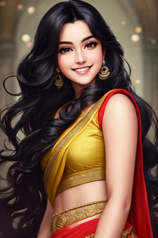 Prompt: oil painting, UHD,  8k, Very detailed, panned out view, whole character, beautiful Young adult, visible face, black Long Hair which is buzzed of at the right Side, mercyful expression, smile with teeth, expensive sari