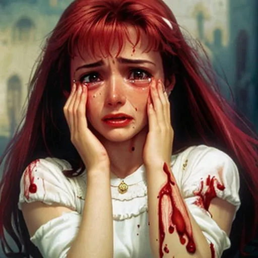 Prompt: A pretty woman crying tears of blood