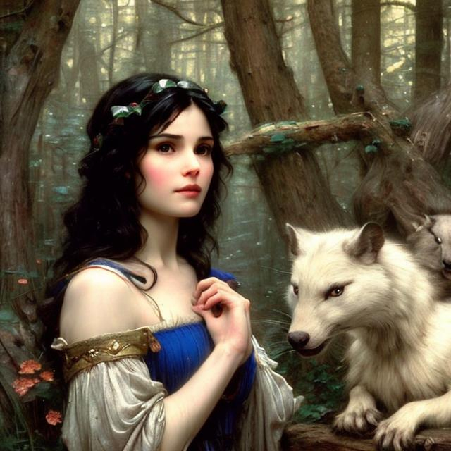 Snow White with animals in forest, realistic, super... | OpenArt