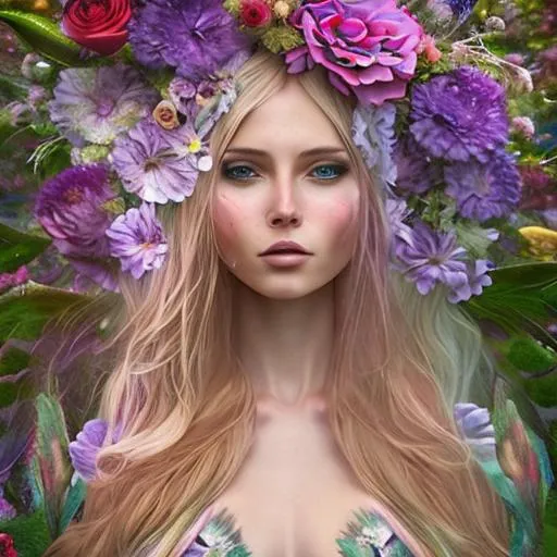 Prompt: Digital art, fantasy art, epic perspective, very colorful, magical flower garden art rendition of a remarkably beautiful flower fairy with long, long, blonde hair and beautiful, semi-transparent, gossamer, pastel colored wings seated in a garden of flowers and trees, Hyper detailed, magical lighting with lens flares in the style of Penelope Luc hyper detailed digital art