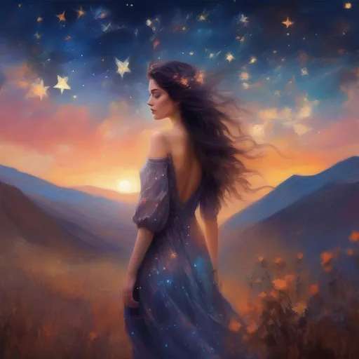 Prompt: A brunette, Persephone in a dress of stars. Mountains and sunset in the background. In an impressionist art style. 