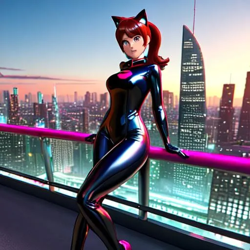 Prompt: 3d model of Elastigirl with cat ears, cat paws, cat tail, ((dynamic pose)), ((shiny metallic suit)), ((glowing eyes)), and ((city skyline backdrop)).