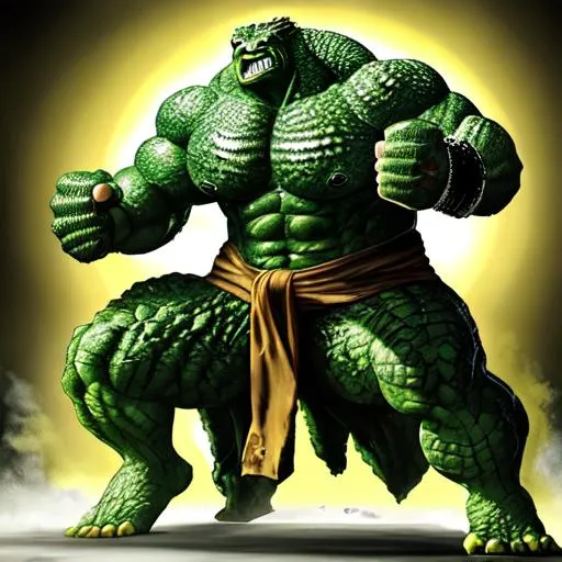 Prompt: saltwater-crocodile combined with incredible-hulk combined with brock-lesnar dark-green scaled skinned yellow eyes with long tail full body portrait standing pose for fighting wearing mma gloves