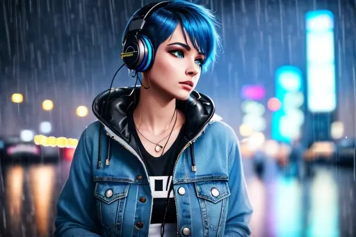 Prompt: a cyberpunk girl wearing a denim jacket, short blue hair, listening to music on a black headphone, background of city lighting in the middle of a rain