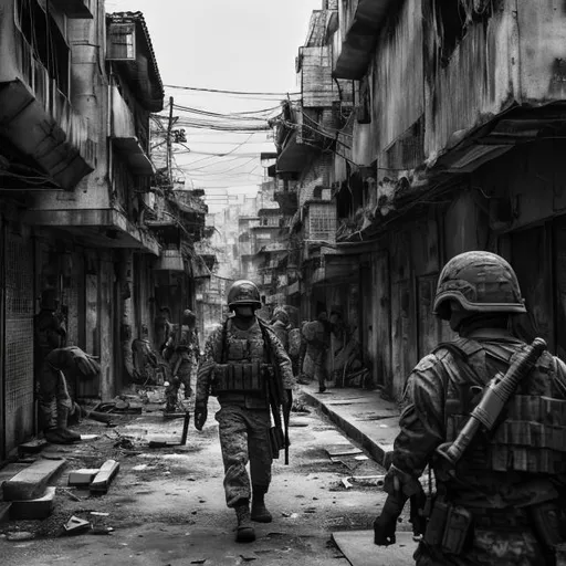 Prompt: monochrome, urban warfare, modern, kowloon walled city, battle, combat, military, soldier, scifi, battle, soldiers, terrorists