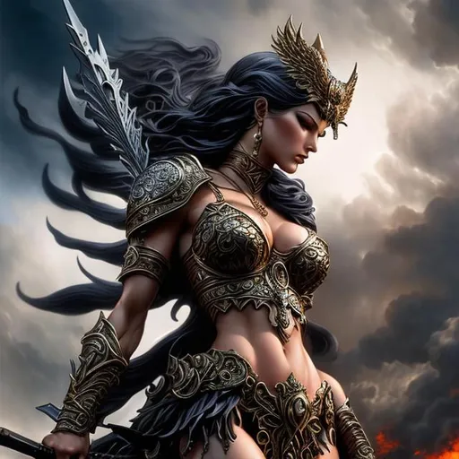 Prompt: goddess of war by j. scott campbell, boris vallejo, and luis royo, masterpiece splash art, perfect limbs, detailed face, looking forward, tattoos, 