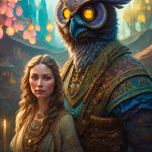 Prompt: Three-quarters portrait, artificer owl-folk, owlin, animal hybrid, bird person, market-place stall holder, fantasy, highly detailed, digital painting, underground, black market background, low-lighting, art by Stanley Lau and Artgerm and magali villeneuve and Alphonse Mucha, artstation, octane render, cgsociety, HDR, UHD, 64k, best quality, best quality, masterpiece:1.5)
