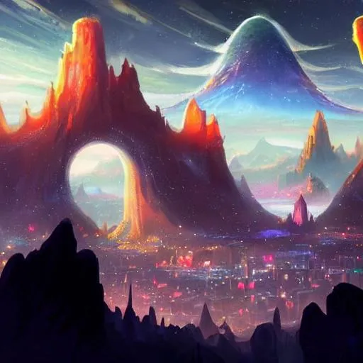Prompt: Stunning award-winning chalk preproduction concept art for a Disney movie, by Pixar and Johns Stephens, of a zen harmonious alien exoplanet cityscape. Create an otherworldly aerial view of an ancient crystal and rock inhabited settlement, surrounded by a painted desert, inhabited by disembodied shining intelligences. Wide-angle aerial view, with the city filling up the frame. Show white quartz crystals, dendrites, and purple fungi. Vibrant colors. Peach-gold, aqua and purple hues. Bioluminescence. Glowing circuit-like and vein-like lines Use a style and lighting that emphasizes the surreal and majestic nature of the scene. Surrealism, Futurism, Antipodean, Hyperrealism. Bright bold lighting, emphasizing the crystal and rock formations' gleaming edges.