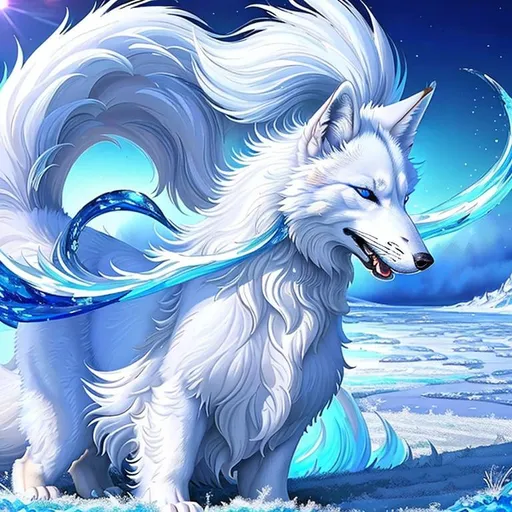 Prompt: (masterpiece, professional oil painting, epic digital art, best quality:1.5), insanely beautiful white ((fox-wolf)), (canine quadruped), female, adolescent, ice elemental, deep blue fur covered in frost, bashful hypnotic sapphire blue eyes, 8k eyes, sprawled on frosted field, extremely beautiful, gorgeous silver mane covered in frost, (plump:2), Anne Stokes, mid close up, close up, presenting magical jewel, detailed smiling face, uwu, uv, finely detailed fur, hyper detailed fur, (soft silky insanely detailed fur), moonlight beaming through clouds, grassy field covered in frost, fluffy fox ears, cool colors, beaming sun, professional, symmetric, golden ratio, unreal engine, depth, volumetric lighting, rich oil medium, (brilliant auroras), (ice storm), full body focus, beautifully detailed background, cinematic, 64K, UHD, intricate detail, high quality, high detail, masterpiece, intricate facial detail, high quality, detailed face, intricate quality, intricate eye detail, highly detailed, high resolution scan, intricate detailed, highly detailed face, very detailed, high resolution
