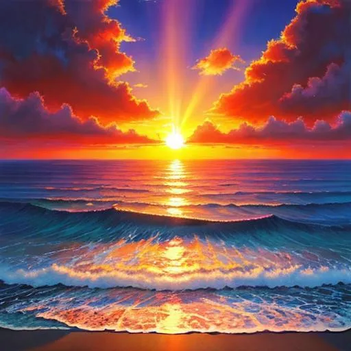 Prompt: ocean, evening, dreamcore, beautiful sunset with sunrays, Bob Ross style