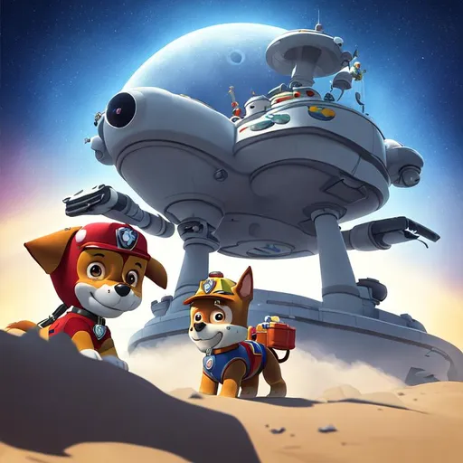 Prompt: image of paw patrol with in an alien ship, aliens and moon, beams of neon rays, ai render, smoke, stylized in vinyl 