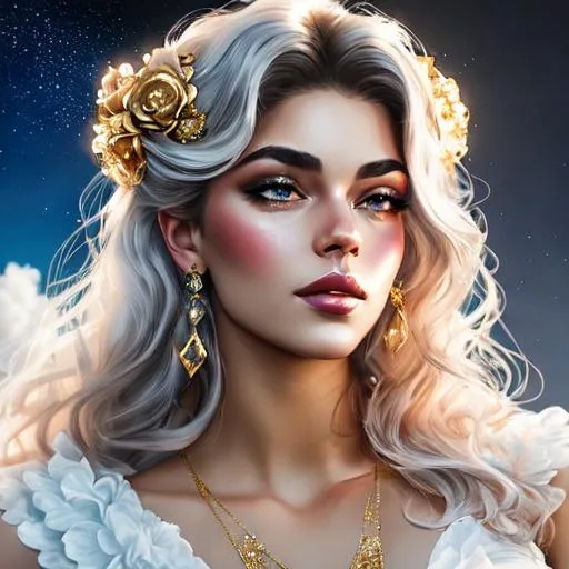 Prompt: Beautiful girl , big and carmine and incarnated lips, silver and golden breaded silk, engine 148k octane, 3d lightning, stellar clouds, quartz and opal, fantasy