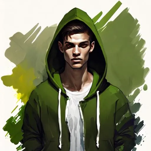 Prompt: Male with green hoodie with sword,brown hair,brown eyes, white skin color