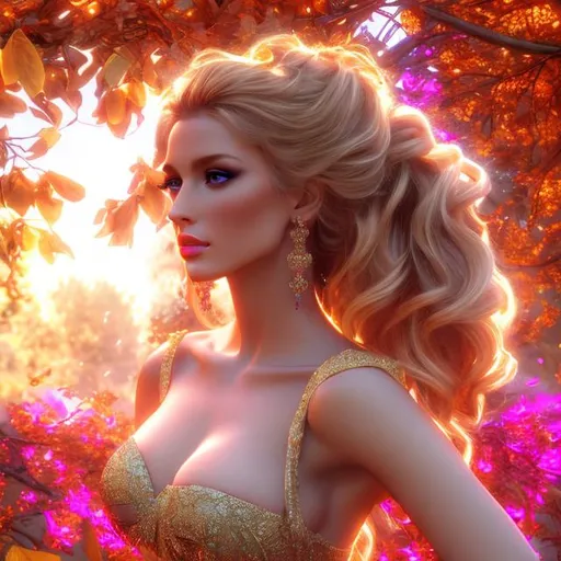 Prompt: HD 4k 3D 8k professional modeling photo hyper realistic beautiful  woman ethereal greek goddess of glory
pink hair updo hazel eyes gorgeous face tan skin beautiful grecian bridal gown full body surrounded by glorious glowing light hd landscape background standing under falling golden leaves and wreathes