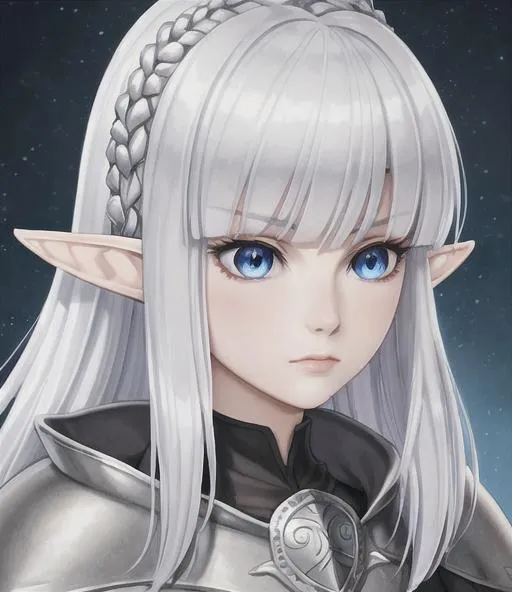Prompt: Female with silver hair, portrait, elf, blue eyes, 4k, hyperrealisitic, royal princess, berserk, game of thrones, small chest 