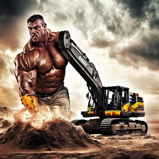 Prompt: Excavator, with bodybuilder, savage face , big muscles, clouds