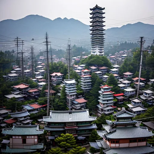 Prompt: In a rustic Japanese town, a somewhat disguised cellphone tower takes the form of a pagoda. Its roof corners and eaves are adorned with abundant telecommunications equipment, seamlessly blending into the surroundings. While harmoniously camouflaged, the tower still retains its identity as a cellphone tower. Carefully placed antennae and satellite dishes can be found among its rooftops. The camera, attuned to capturing this intriguing sight, employs a wide-angle lens to encompass the tower and its surroundings. Inspired by the works of contemporary photographers like Fan Ho and Edward Burtynsky, this image showcases the art of blending technology with cultural heritage.