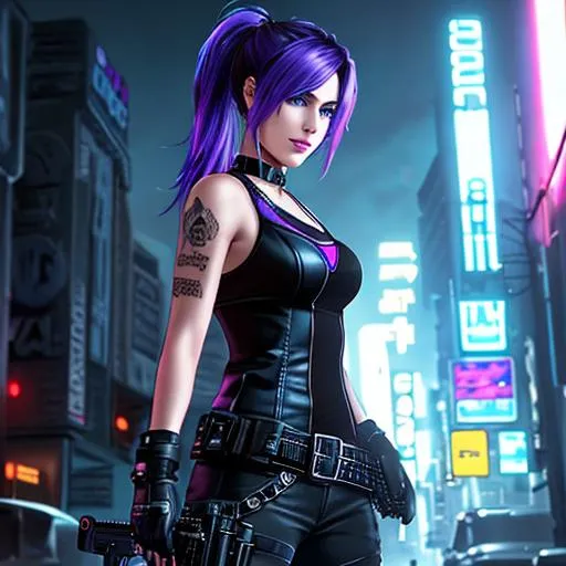 Prompt: 4K, 16K, picture quality, high quality, highly detailed, hyper-realism, skinny female, petite, resident evil inspired character, same color blue anime eyes, smirking smile, punk jacket, rivet Choker, leather gloves, tank top, gun holster, attachment belt, sneaker, dark purple ponytail hair with blue highlights, zombie apocalypse, neon city lights 