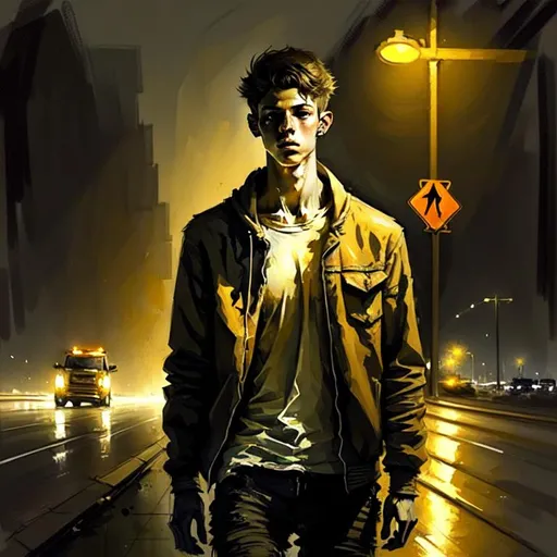 Prompt: please produce a concept art of a (((young man))) lost on (((a highway))) at night, anatomically correct, accurate Anatomy, ultra fine details, gloomy, dreadful, sharp focus, UHD, 8k