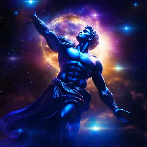 Prompt: genesis, celestial male figure blended in space creating a planet on his hand, space, mythical energy in the air, lensflare, after hours, ultra detailed, masterpiece