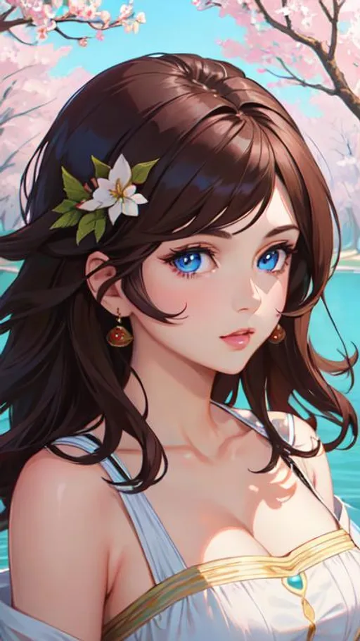 Prompt: beautiful woman, attractive face, perfect blue eyes, short brown wavy hair, detailed mouth and nose, aesthetic, masterpiece, oil painting, upper body picture, old cherry tree