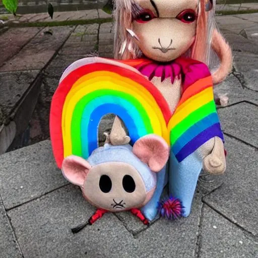 Prompt: rat with one million eyes meeting a newly revealed rainbow high doll