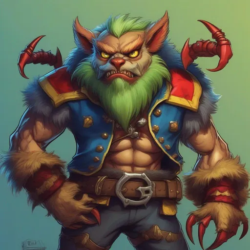 Prompt: Werewolf, blue pirate outfit, crab-like beard, weird green eyes, yellow fur and red crab-like armor, Masterpiece, Best Quality, in cartoon style