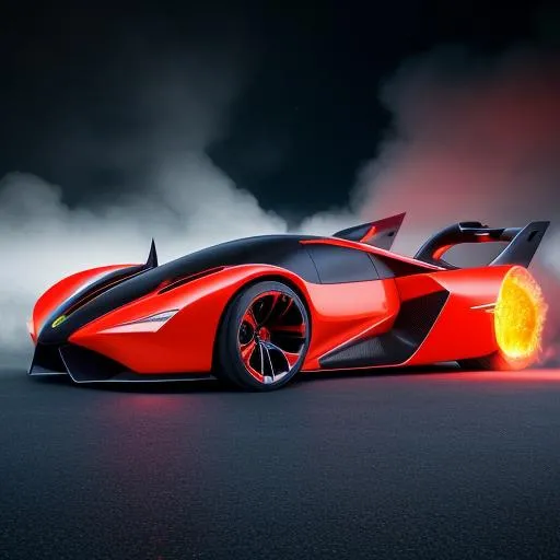 Prompt: Futuristic hyper Batman car on fire and ice cosmic speed red and dark lava