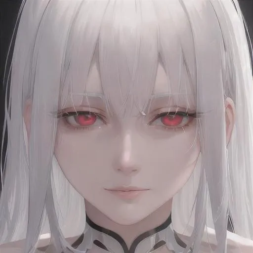 Prompt: "A close-up photo of a gorgeous white haired woman, in hyperrealistic detail, with a slight hint of loneliness in her red eyes. Her face is the center of attention, with a sense of allure and mystery that draws the viewer in, but her eyes are also slightly downcast, as if a sense of loneliness is lingering in her thoughts. The detailing of her face is stunning, with every pore, freckle, and line rendered in vivid detail, but the image also captures the subtle emotions of loneliness that might lie beneath her surface."