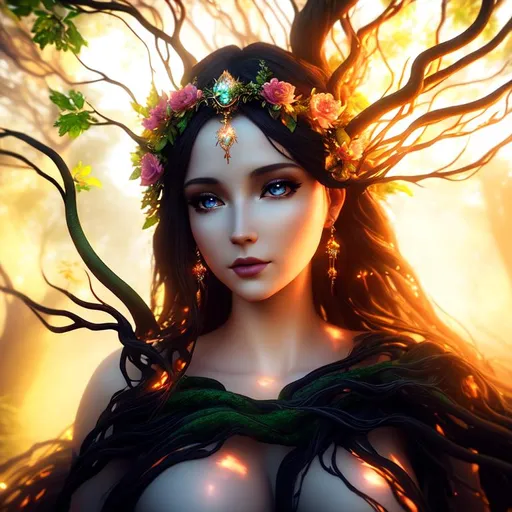 Prompt: 3D HD dramatic cinematic lighting [({one}{(Beautiful benevolent {goddess}female liquid tree}Nymph, expansive magical forest background, hyper realistic, 8K --s98500