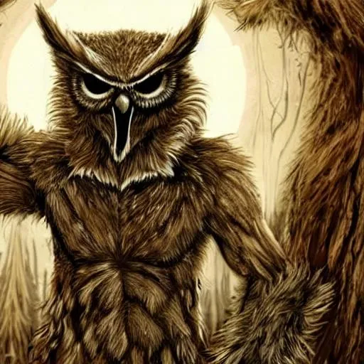 Prompt: Hyper realistic Bipedal owlman, or Wereowl, in forest, full moon, horror, terror, bodybuilding upper body Muscles , brown fur, with red eyes! Claws. 7 feet tall, and sinister, and battling Sasquatch! Vicious Hellhound. Evil , large wings!