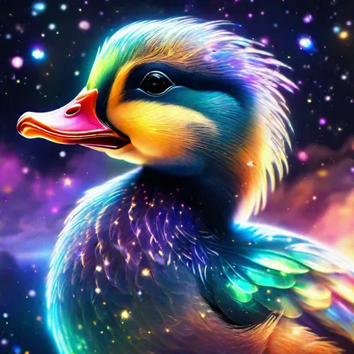 Prompt: headshot of A translucent colorful glass bioluminescent phoenix duckling that is glowing, nebula, glitter, in the clouds, beneath the stars, highres, best quality, concept art