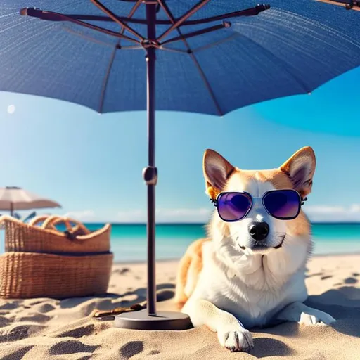 Prompt: {{a dog wearing sunglasses relaxing on the beach}} {{concept art, sunny, umbrella}} {{best quality, meticulously detailed, best quality}}