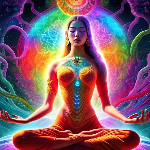 Prompt: A translucent female with good figure in meditating posture with all active 7 chakras with vibrant colors exploding everywhere, hyper detailed surreal 