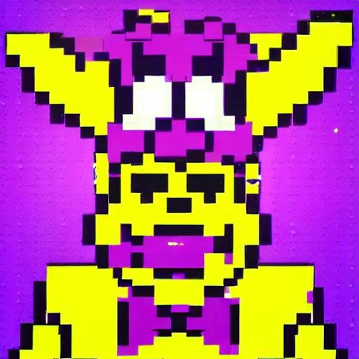 Prompt: yellow rabbit costume with a purple bowtie pixelated fnaf
inside is a purple man bleeding and crying ghost are in there to